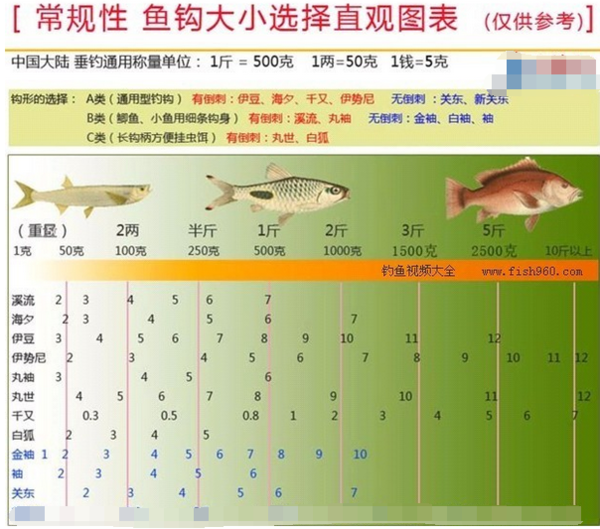 钓鱼鱼线及鱼钩号数选择