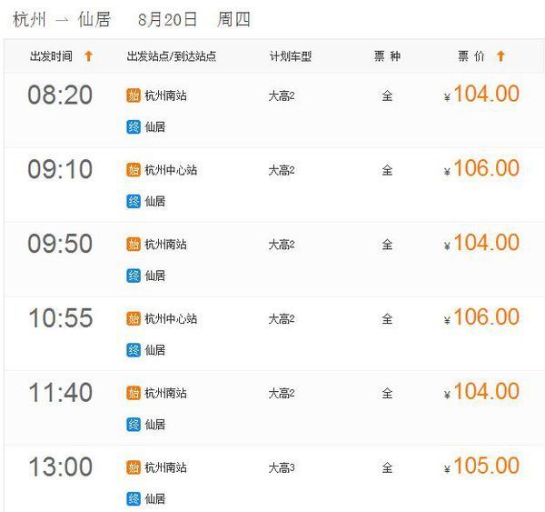 杭州到仙居汽车时刻表